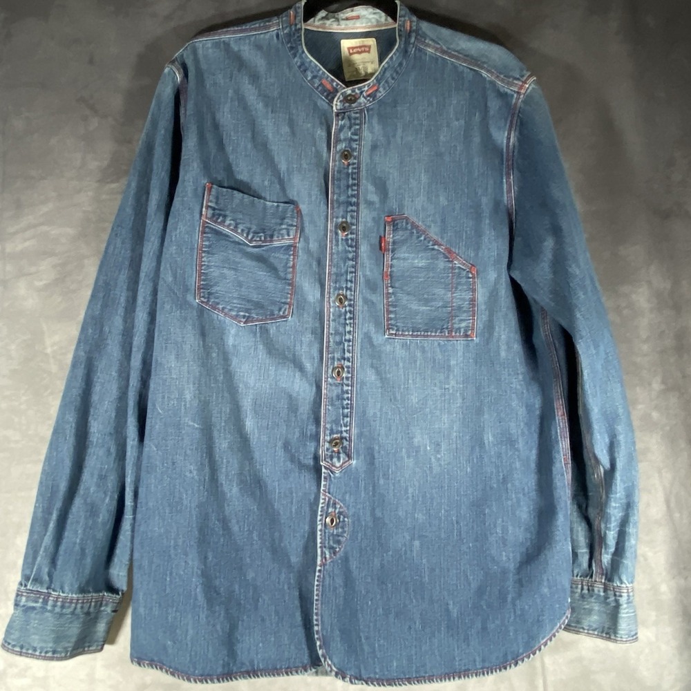Levis Denim Shirt‎ XL Medium Wash Button Front Band Collar Contrast Stitching